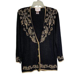 4/$25 Vintage Jaclyn Smith Cardigan Black Knit Embroidery Bead Applique Petite M